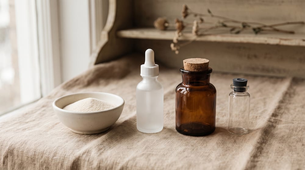 Four vessels on warm linen: a dish of collagen powder, a frosted serum bottle, an amber apothecary vial, and a small clear research vial.