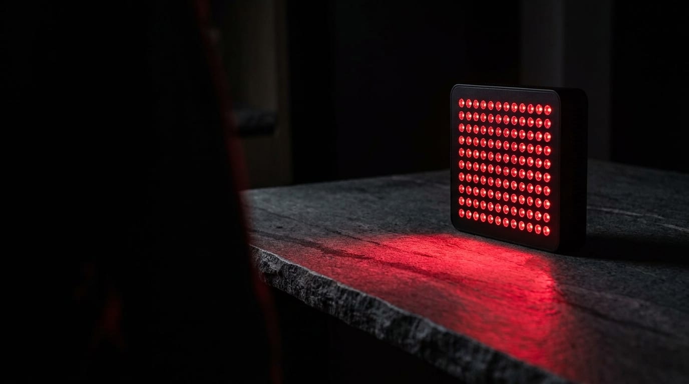 A matte-black LED therapy panel glowing deep red on a dark stone counter in an unlit room, throwing a pool of crimson light across the stone.