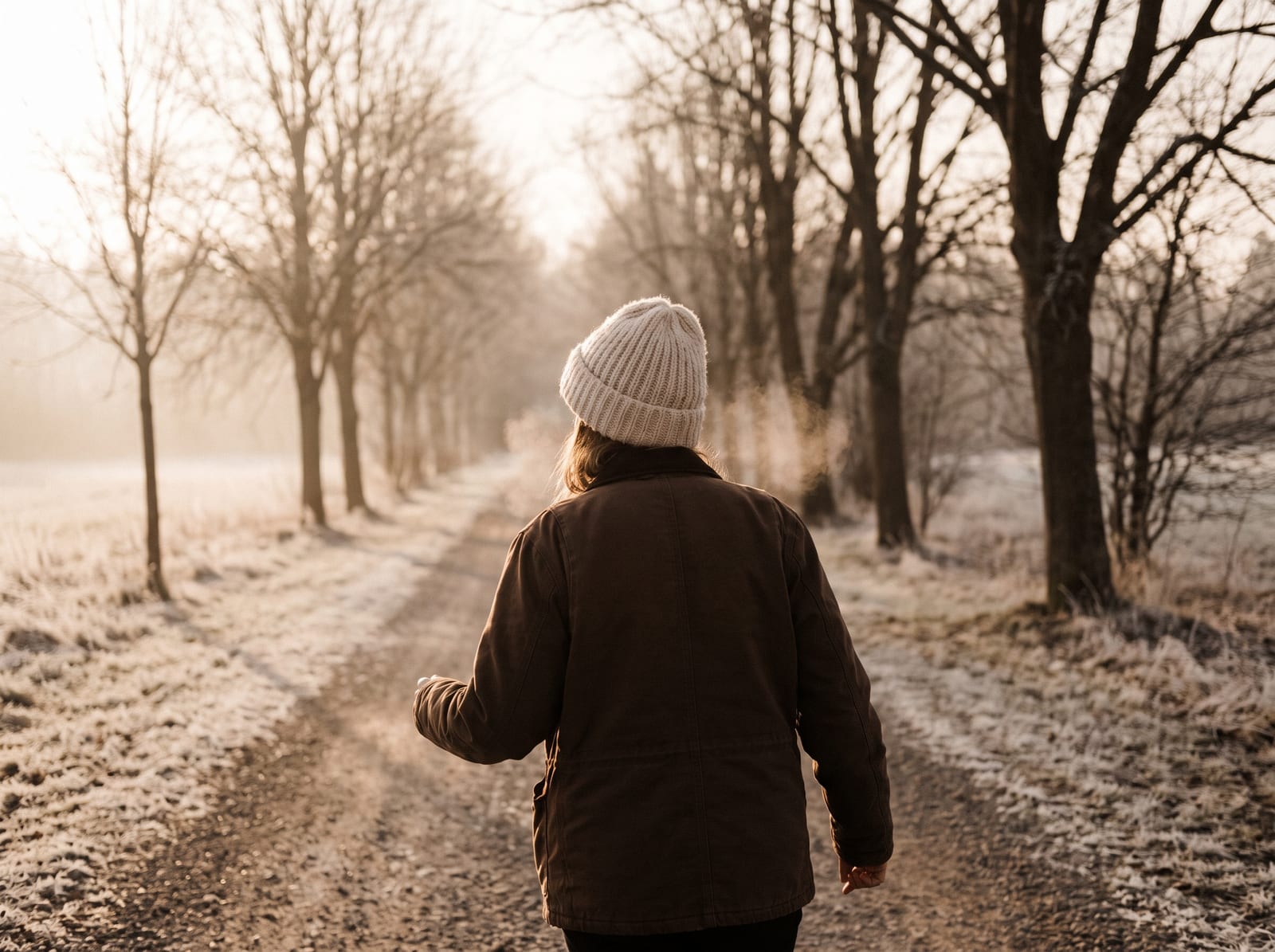 A warm, photorealistic editorial photograph in soft natural light with a warm ivory and espresso palette, 4:3 framing, no text or words anywhere: a person in a cream wool hat and plain brown jacket walking away down a frost-edged tree-lined path in low winter sun, seen from behind, breath visible, bare trees and pale mist blurred beyond them.