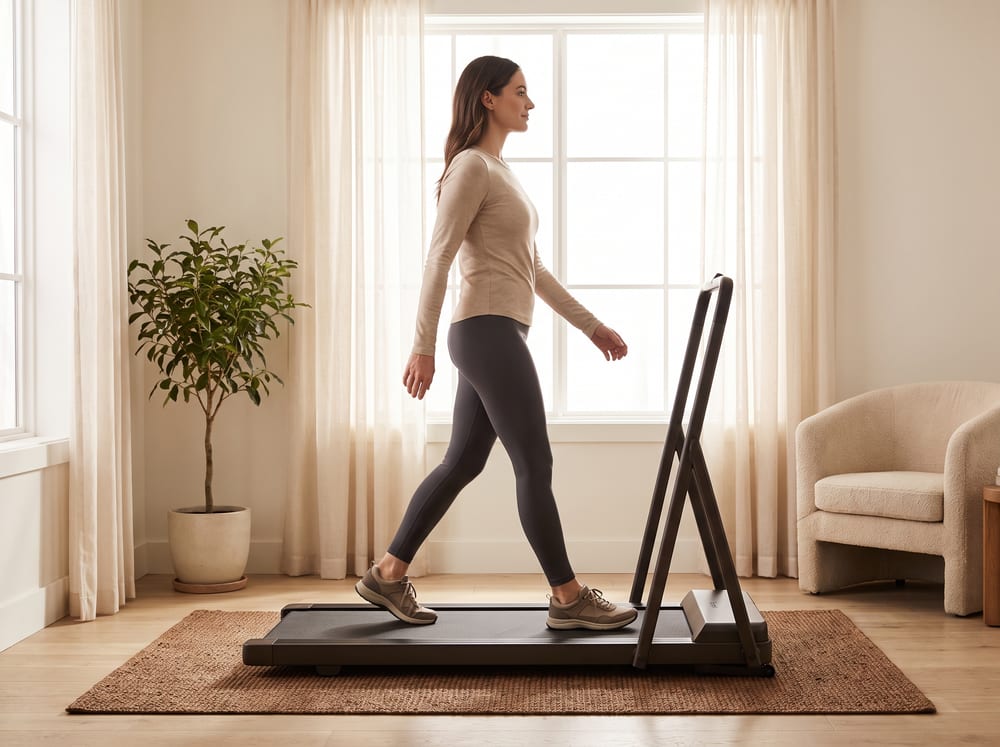 A warm, photorealistic editorial photograph in a bright calm room with a soft ivory and espresso palette, soft natural window light, 4:3 framing, no text or words anywhere. A woman in her early thirties in modest neutral athletic wear and supportive walking shoes strides on a plain treadmill placed on an exercise mat, her torso upright and vertical and squarely facing forward rather than rotated, mid-stride with a relaxed natural arm swing and a calm, easy expression.
