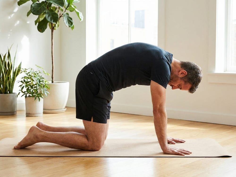 A man in his forties wearing plain black athletic shorts and a fitted t-shirt is on all fours on a light exercise mat in a sunlit room, mid-movement arching his mid-back gently upward toward the ceiling with his chin tucked, wrists stacked under his shoulders and knees under his hips, form controlled and relaxed.