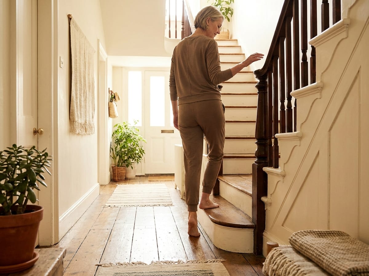 A warm, photorealistic editorial photograph in soft natural light with a warm ivory and espresso palette, 4:3 framing, no text or words anywhere: a person in their fifties in neutral athletic clothing standing on a bottom stair lowering one heel slowly toward the floor, one hand near the rail, photographed from the front in a bright hallway.