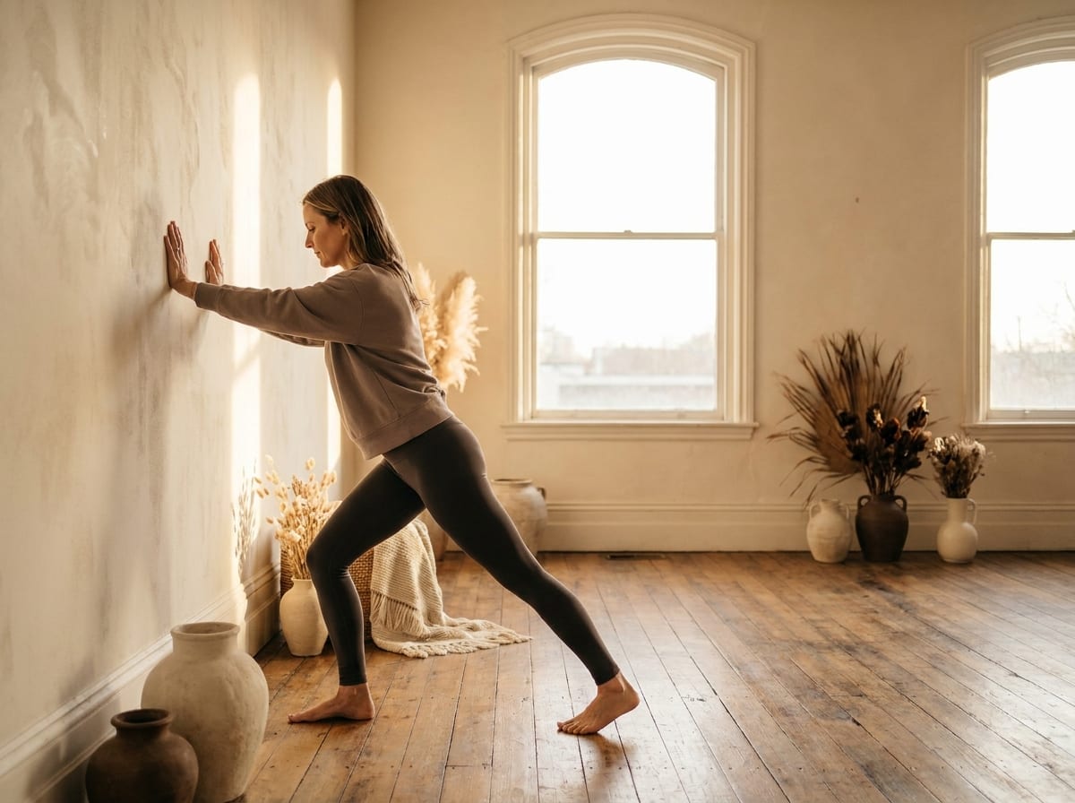 A warm, photorealistic editorial photograph in soft natural light with a warm ivory and espresso palette, 4:3 framing, no text or words anywhere: a person in their forties in neutral athletic clothing in a calf stretch with hands on a wall and one leg stepped back with the heel down, photographed from the side in a bright room.