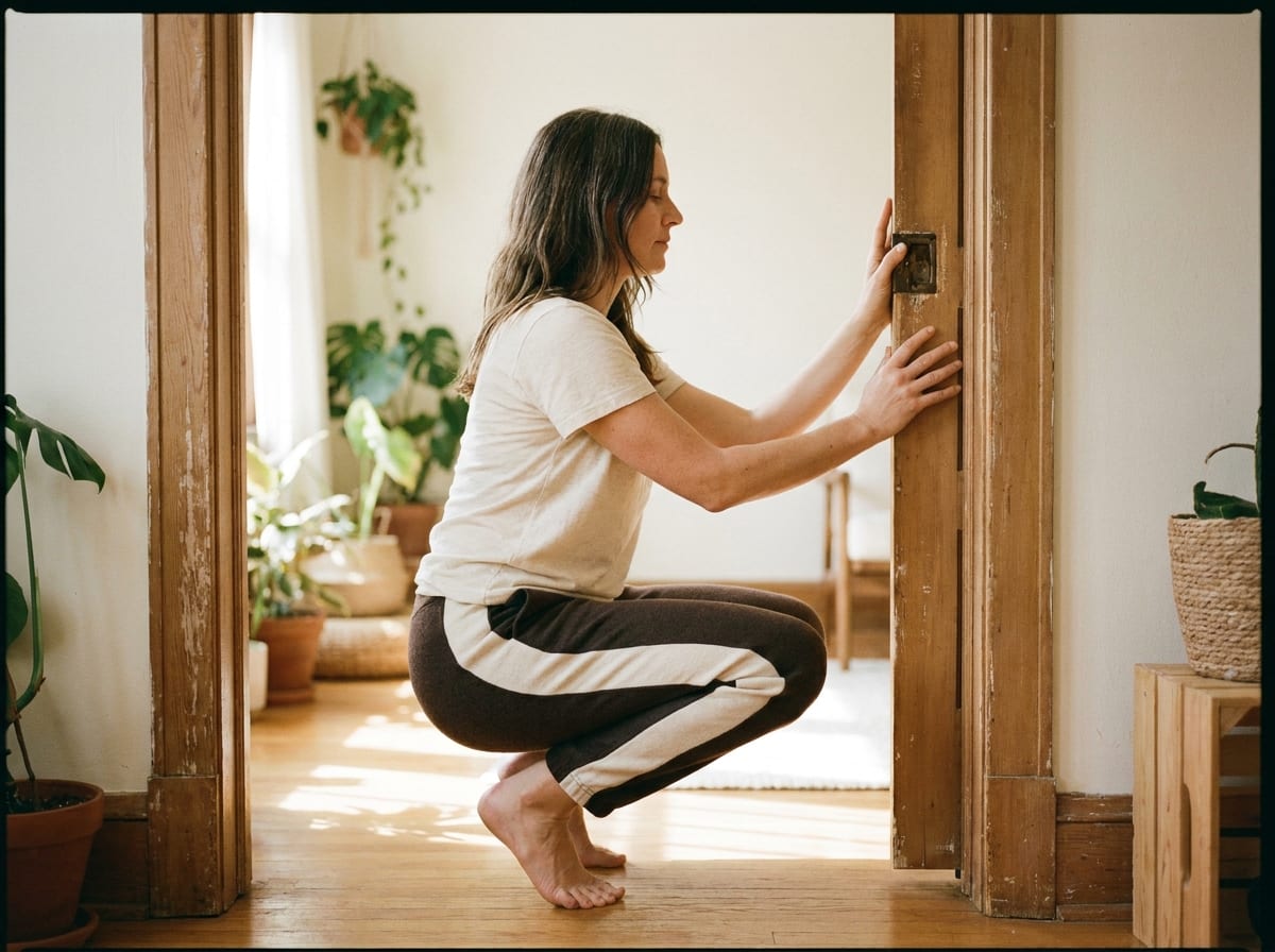 A warm, photorealistic editorial photograph in soft natural light with a warm ivory and espresso palette, 4:3 framing, no text or words anywhere: a person in their forties in neutral athletic clothing resting in the bottom of a deep squat with heels down and hands lightly on a doorframe, photographed from the side at full length in a bright calm room.