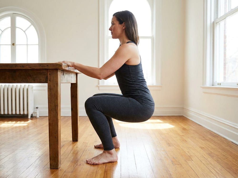 A woman in her thirties in charcoal leggings and a tank top squats deeply with heels flat on a hardwood floor in a bright room, both hands lightly gripping the edge of a sturdy wooden table for support, hips sunk low, chest upright and knees tracking out over her toes in a relaxed resting squat.