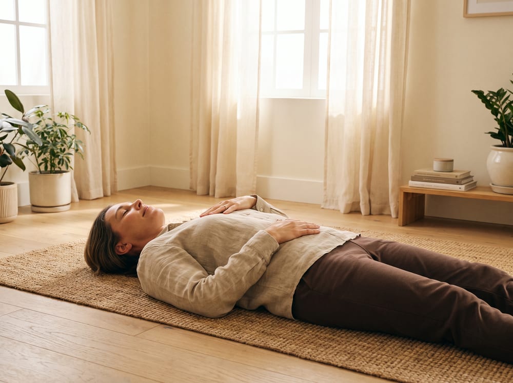 A warm, photorealistic editorial photograph in soft natural light with a warm ivory and espresso palette, 4:3 framing, no text or words anywhere: a healthy adult in their forties resting supine on a mat on a light wood floor in a bright, calm room, lying flat and level with the spine neutral and the body squarely aligned and not rotated, one hand on the belly and one on the chest for slow diaphragmatic breathing, face relaxed and calm, wearing modest neutral athletic wear, gentle window light warming the ivory walls.