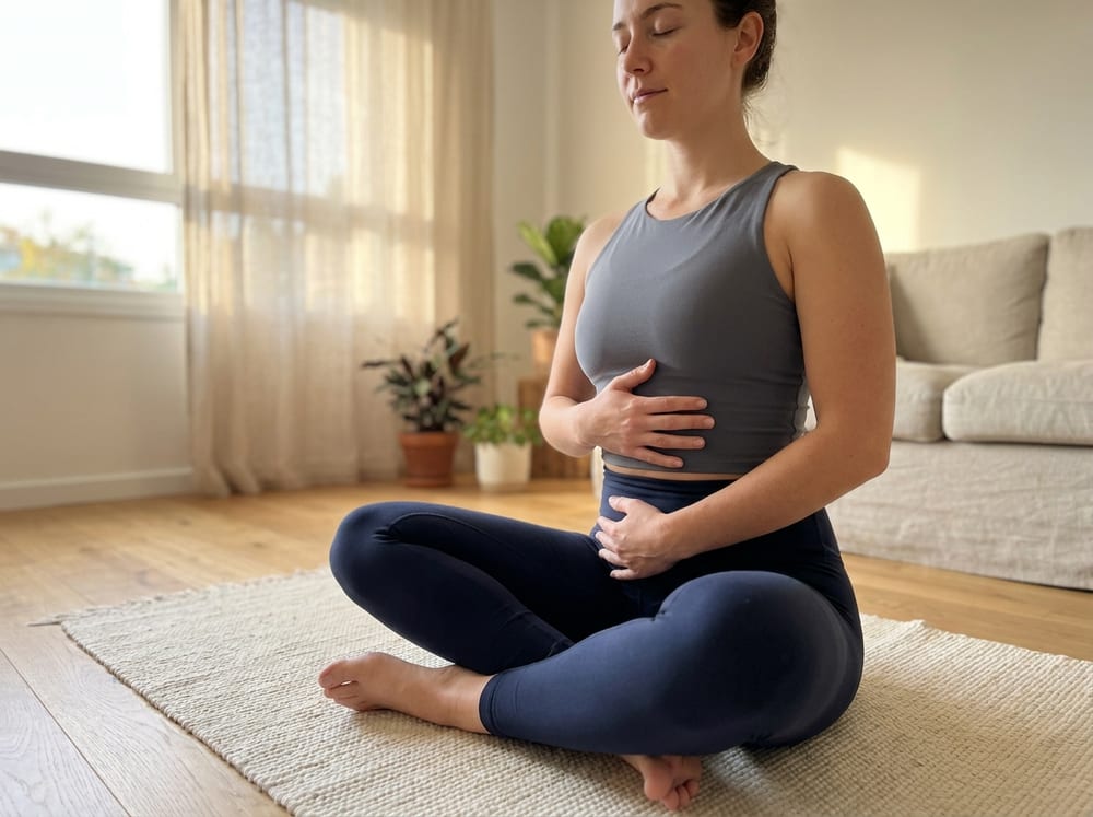 A person sitting upright cross-legged on a light mat in a calm, well-lit room, wearing neutral navy leggings and a fitted top, one hand resting on the lower ribs and one on the lower belly, eyes softly closed in focused breathing with a relaxed jaw and tall spine, gentle natural light from a window behind.