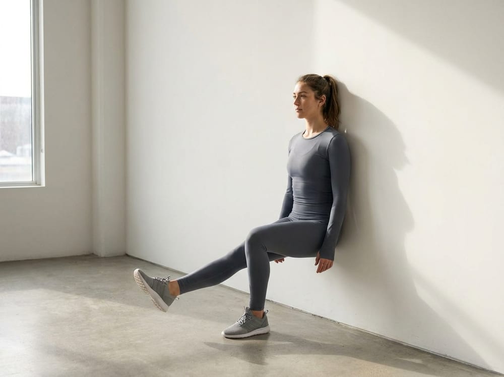 A woman in neutral slate athletic wear pressing her back flat against a bright white wall in a sunlit room, balanced on one leg with the other foot hovering, slowly sliding down into a single-leg squat with her standing knee tracking over her foot in strong controlled form.