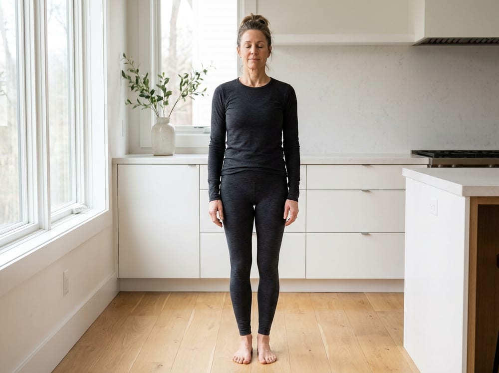 A middle-aged woman in neutral gray athletic wear stands barefoot on a hardwood floor beside a white kitchen counter, feet together and touching, eyes gently closed, arms hanging relaxed at her sides, spine tall, bathed in bright natural window light.