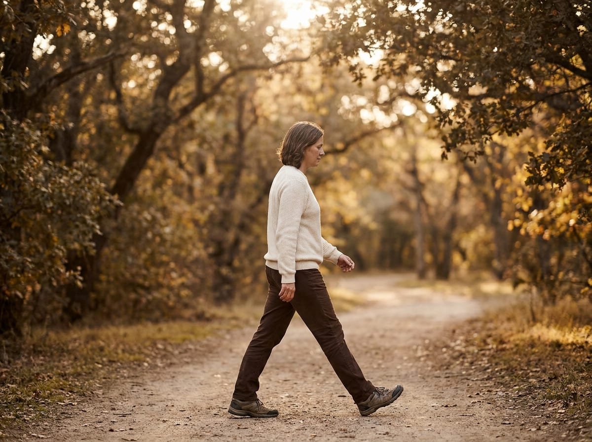 A warm, photorealistic editorial photograph in soft natural light with a warm ivory and espresso palette, 4:3 framing, no text or words anywhere: a person in their forties in ordinary clothes and walking shoes, walking at a steady pace along a tree-lined path on a bright afternoon, arms swinging naturally, photographed from the side at a respectful distance with a softly blurred background.