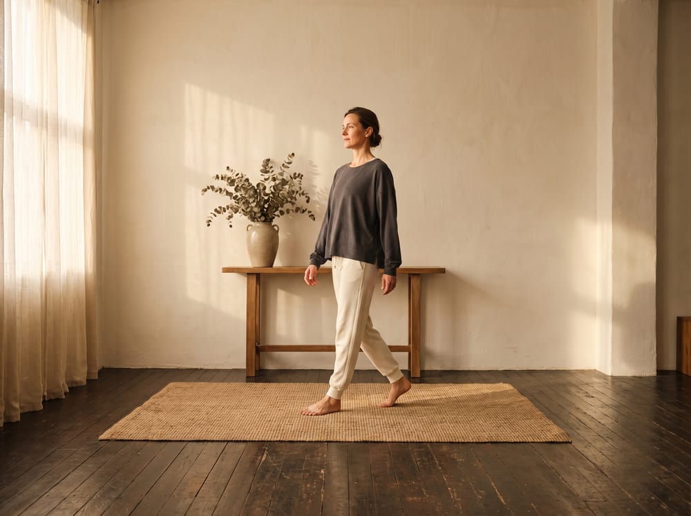 A warm, photorealistic editorial photograph in soft natural light with a warm ivory and espresso palette, 4:3 framing, no text or words anywhere: a healthy adult in their forties standing and walking upright and fully vertical across a bright, calm room on a mat and light wood floor, body tall and unrotated with an easy relaxed posture and a gentle stride, wearing modest neutral athletic wear, soft window light warming the ivory walls.