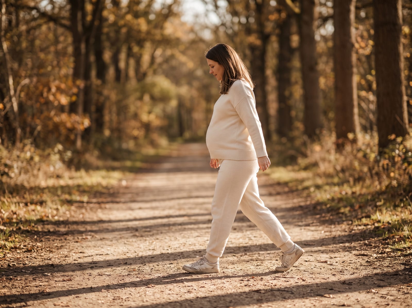 A warm, photorealistic editorial photograph in 4:3 framing, no text or words anywhere: a visibly pregnant woman in her thirties walking at a steady brisk pace along a wide tree-lined path in soft late-afternoon light, wearing plain warm-ivory walking clothes and ordinary trainers, photographed from the side at a respectful distance with a softly blurred background, warm ivory and espresso palette.