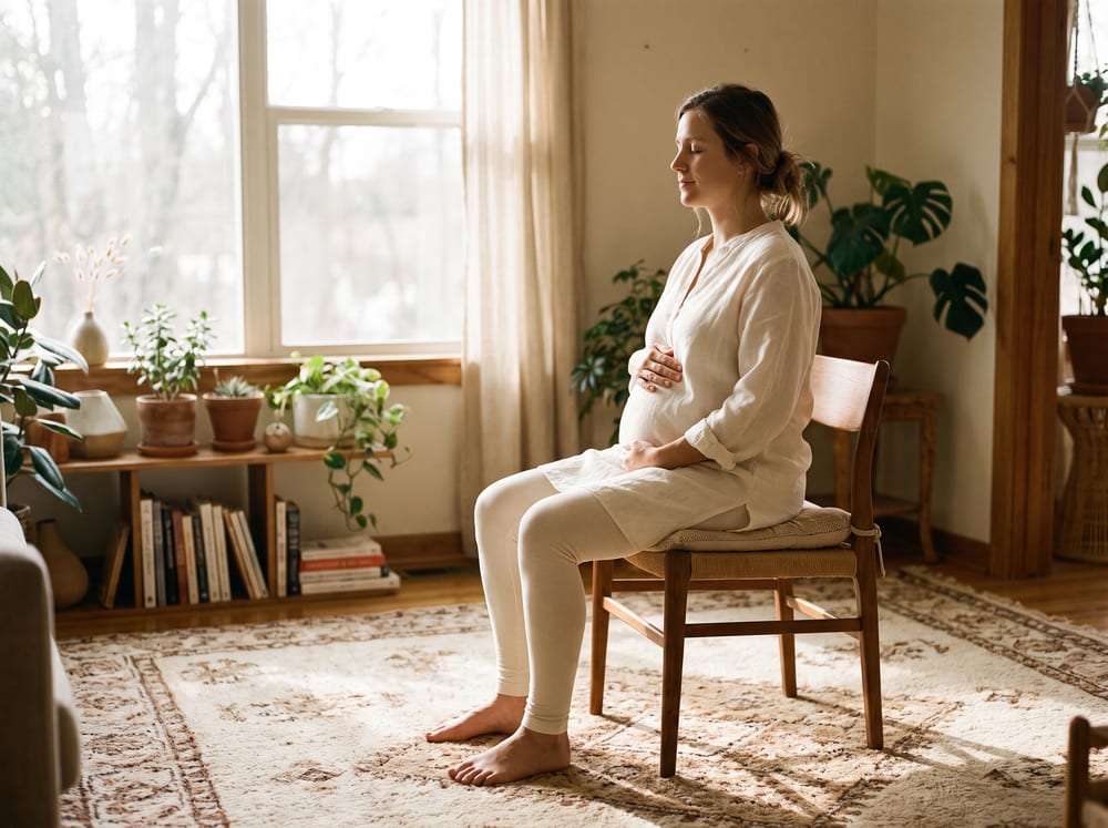 A warm, photorealistic editorial photograph in 4:3 framing of a pregnant woman in her early thirties seated upright and vertical on a firm chair on a soft mat in a bright, calm room, her spine tall and shoulders relaxed as she practices a quiet seated pelvic-floor engagement. She wears modest neutral athletic wear in warm ivory tones, the figure clearly upright and not rotated, soft natural light falling across a warm ivory and espresso palette, no text and no words.