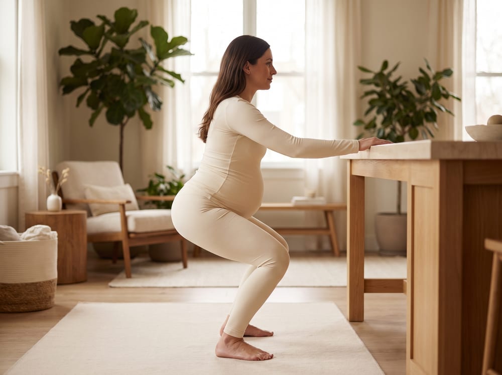 A warm, photorealistic editorial photograph in 4:3 framing of a pregnant woman in her early thirties standing upright and vertical on a soft mat in a bright, calm room, facing a sturdy light-wood countertop with both hands resting lightly on it for support as she lowers into a shallow, controlled squat with a tall chest and level hips. She wears modest neutral warm-ivory athletic wear, the figure clearly upright and not rotated, soft natural light across a warm ivory and espresso palette, no text and no words.