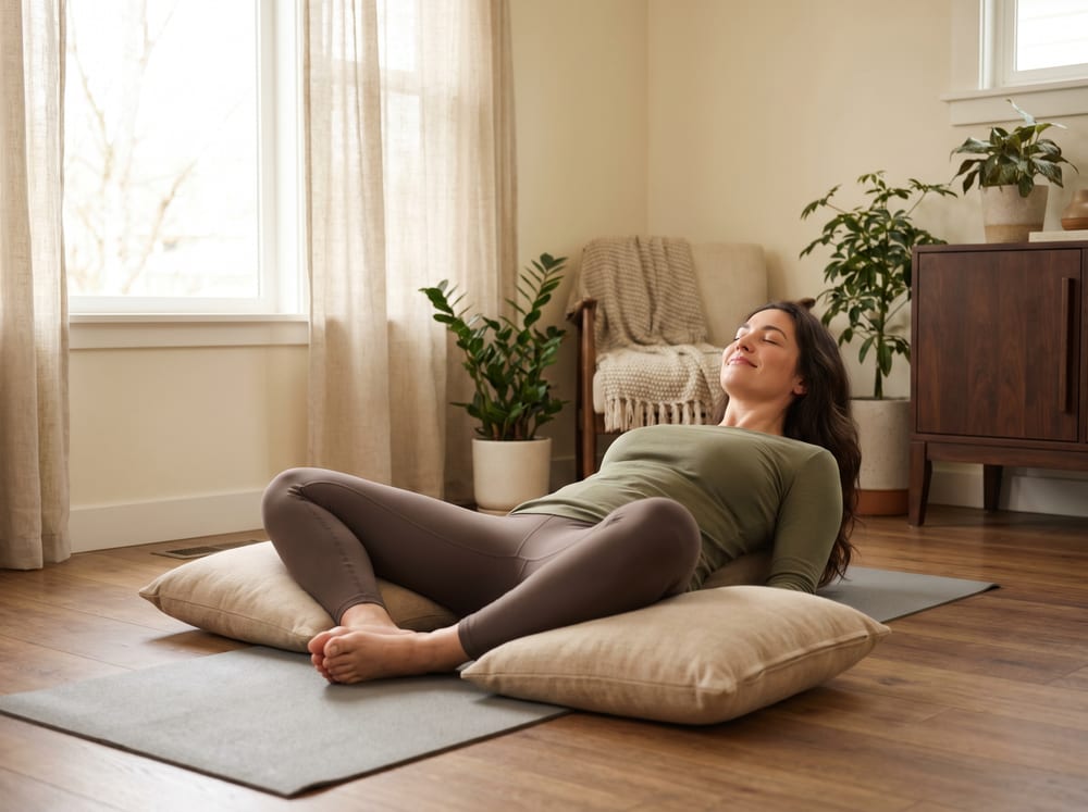 A warm, photorealistic editorial photograph in a bright calm room with a soft ivory and espresso palette, soft natural window light, 4:3 framing, no text or words anywhere. A woman in her early thirties in modest neutral athletic wear reclines on a plain exercise mat in a supported bound-angle position with the soles of her feet together and cushions under each knee, her body lying flat and squarely aligned rather than rotated, her expression calm and her breathing relaxed.