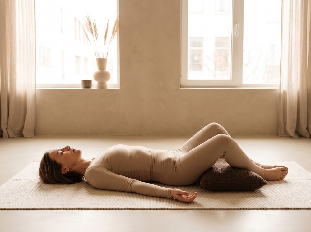 A warm, photorealistic editorial photograph in soft natural light with a warm ivory and espresso palette, 4:3 framing, no text or words anywhere: a woman in her early thirties in modest neutral sand-colored leggings and a fitted ecru top lying on her back on a mat in a bright calm room, knees bent with the soles of the feet together and knees dropped gently open, each knee resting on a small cushion; she is squarely on her back with the torso vertical and aligned to the mat and not tilted or rotated in frame, arms open at the sides with palms up, eyes closed and face calm.