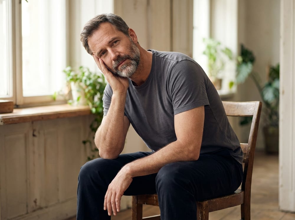 A man in his forties in a plain grey t-shirt sits upright on a simple wooden chair near a window in soft natural light, tilting his head gently toward one shoulder with the opposite shoulder relaxed and dropped, one hand resting lightly on the side of his head, expression calm and posture tall.