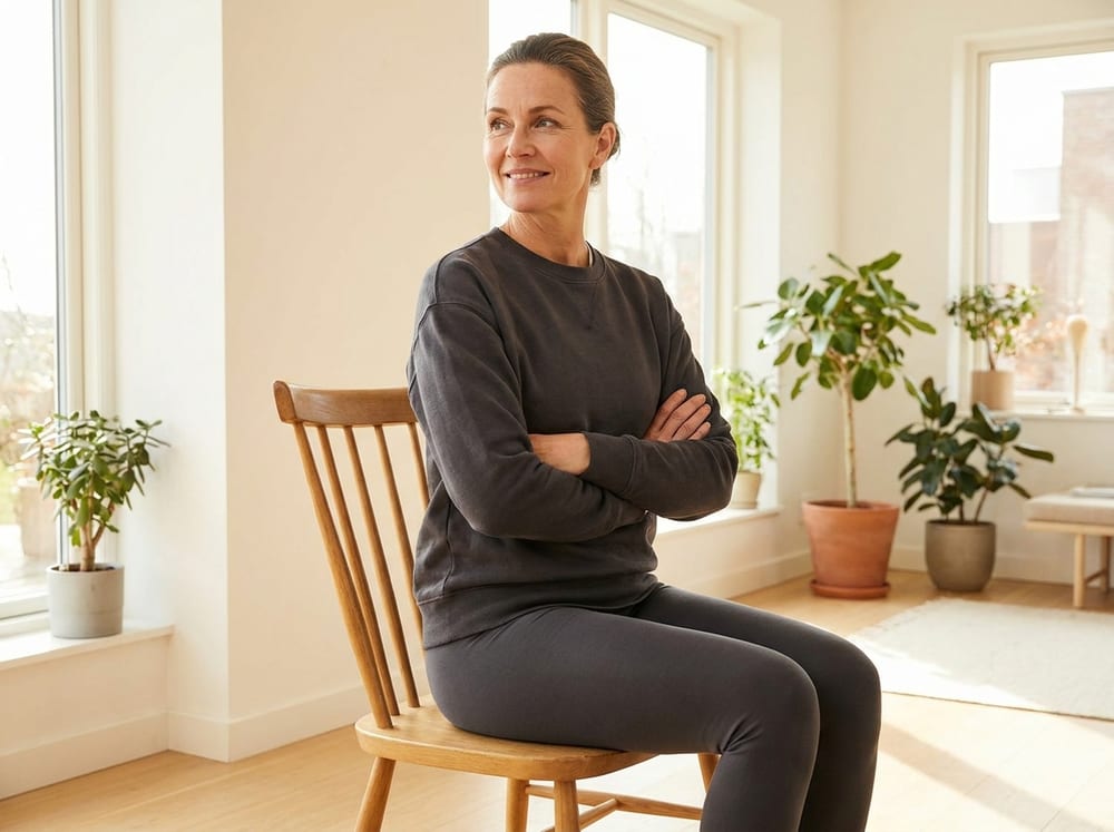 A middle-aged woman in neutral gray athletic wear sits upright on a plain wooden dining chair in a bright naturally lit living room, arms crossed over her chest, calmly rotating her head and upper torso to one side while her hips and knees stay squarely facing forward, spine long and shoulders relaxed.