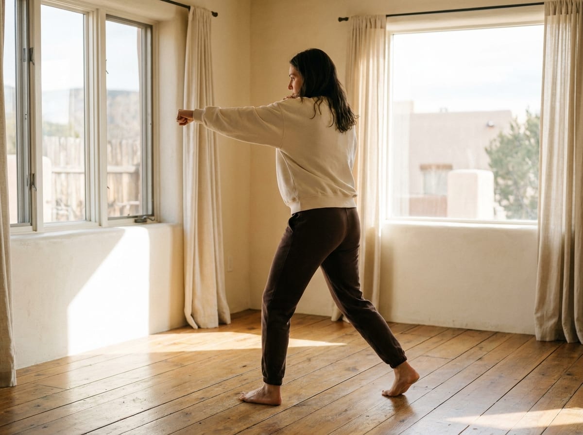 A warm, photorealistic editorial photograph in soft natural light with a warm ivory and espresso palette, 4:3 framing, no text or words anywhere: a person in their thirties in neutral athletic clothing shadow boxing in a bright open room, mid-punch with the hips rotating and the rear heel turned, photographed from the side at full length.