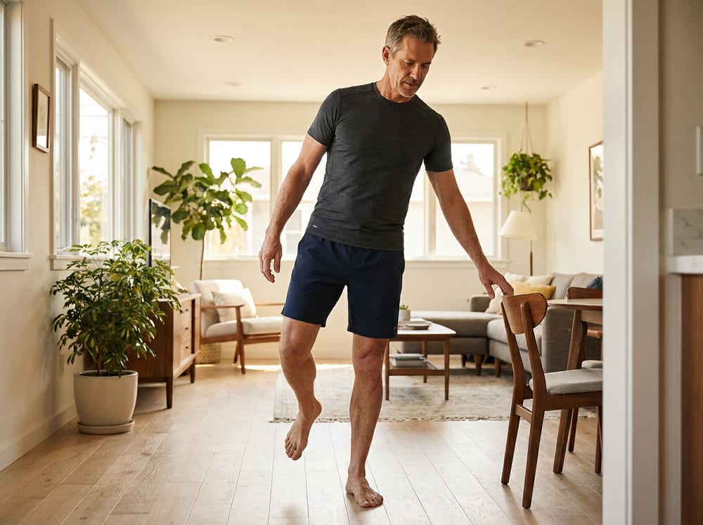 A man in his fifties wearing plain navy shorts and a fitted t-shirt balances on his right leg in a sunlit living room, left foot lifted a few inches off the pale wood floor, fingertips resting lightly on the back of a wooden dining chair, torso upright and pelvis level.