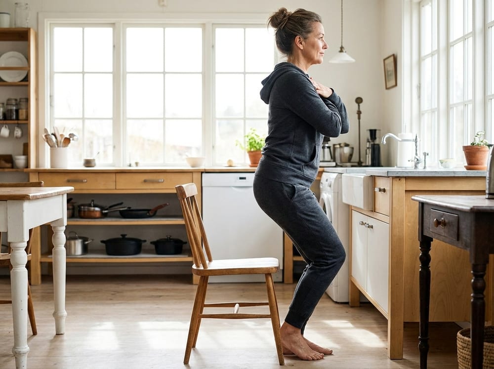 A middle-aged woman in neutral gray athletic wear rising from a wooden kitchen chair in a bright, sunlit room, arms crossed over her chest, weight driving through her heels, spine long and knees tracking over her toes in clean form.
