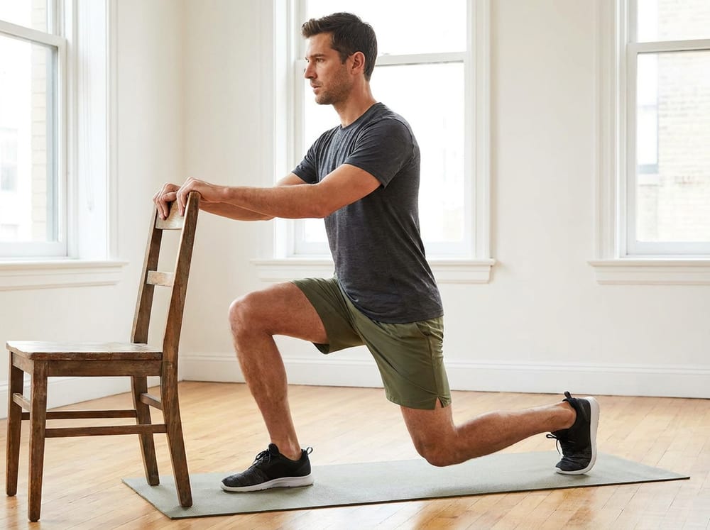 A man in neutral olive athletic shorts and a plain t-shirt performing a split squat beside a wooden chair in a bright, airy room, fingertips resting lightly on the chair, torso tall, front thigh near parallel and back knee lowered toward the floor in controlled form.