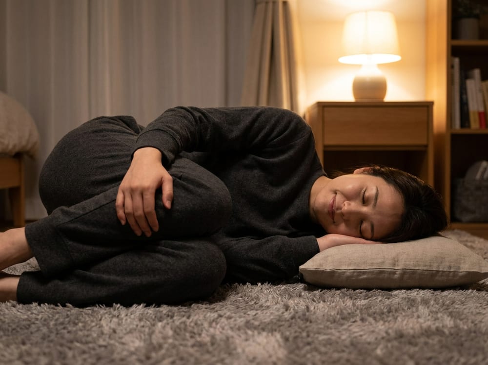 A person lying on their back on a plush gray mat in a quiet, softly lit bedroom, both knees hugged gently in toward the chest with arms wrapped around the shins, shoulders and head relaxed on a thin pillow, wearing neutral charcoal loungewear, eyes closed with a peaceful expression, warm dim light from a bedside lamp.