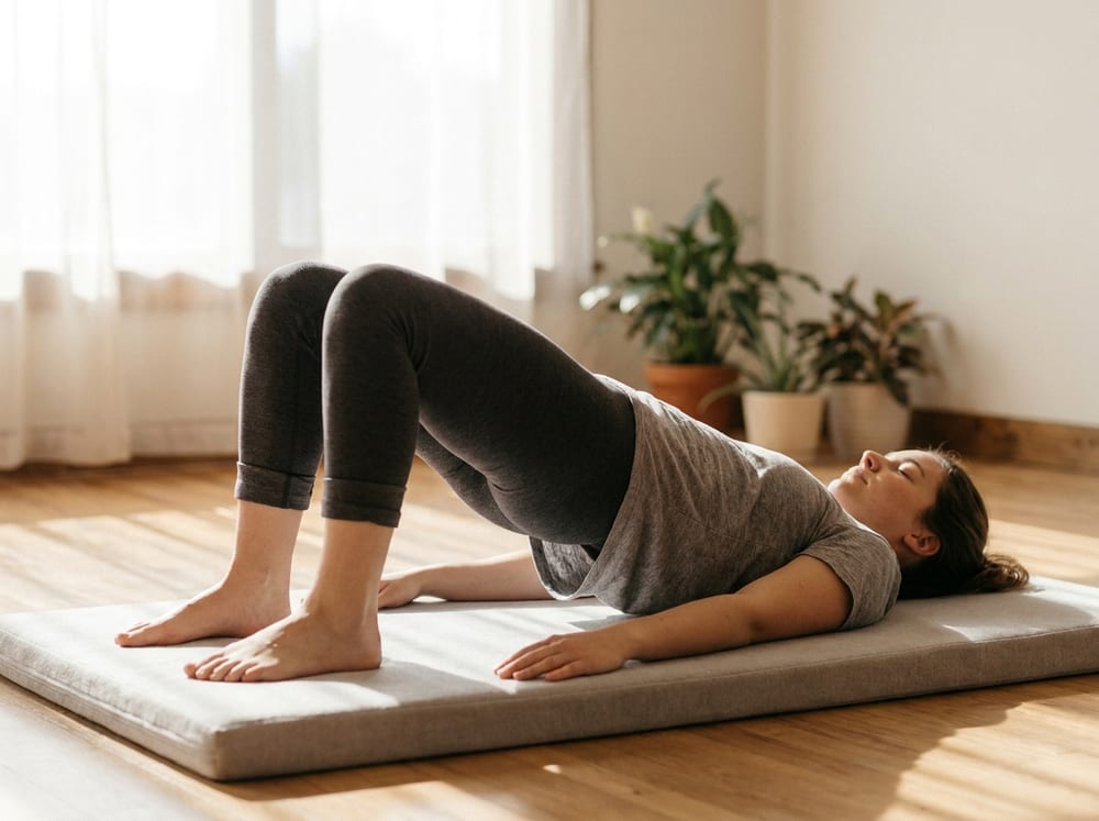 A person lying on their back on a light gray mat in a calm, sunlit room, wearing neutral charcoal leggings and a fitted heather top, knees bent and feet flat hip-width apart, hips lifted into a smooth bridge with the ribs down and glutes engaged, face relaxed mid-exhale, soft natural window light washing across the floor.