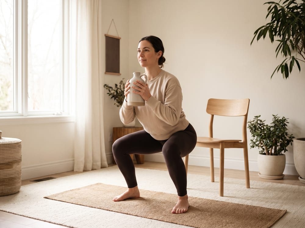 A warm, photorealistic editorial photograph in a bright calm room with a soft ivory and espresso palette, soft natural window light, 4:3 framing, no text or words anywhere. A woman in her early thirties in modest neutral athletic wear stands upright and vertical, not rotated, on a plain exercise mat, holding a simple water jug against her chest with both hands as she sits into a controlled squat with an upright torso, a plain wooden chair beside her within easy reach for balance.