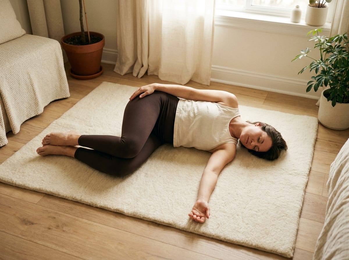 A warm, photorealistic editorial photograph in soft natural light with a warm ivory and espresso palette, 4:3 framing, no text or words anywhere: a person in their forties in neutral athletic clothing lying on their side on a mat with knees stacked, opening the top arm across the body in a rotation, photographed from above at a respectful distance in a bright calm room.