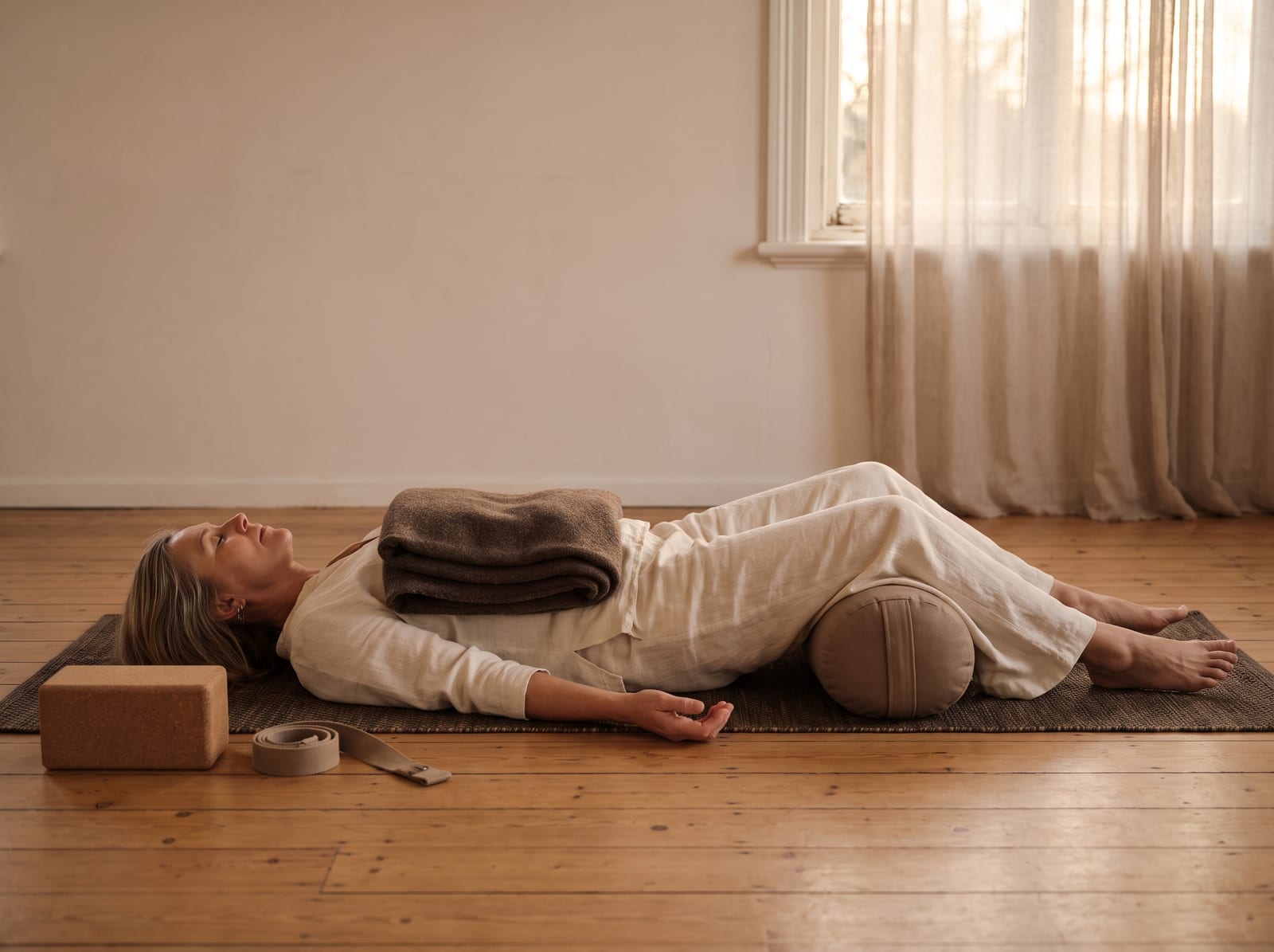 A warm, photorealistic editorial photograph in soft evening light with a warm ivory and espresso palette, 4:3 framing, no text or words anywhere: a woman in her early fifties in loose cream clothing lying on her back on a yoga mat in a quiet wooden-floored room, a folded espresso-brown blanket over her chest and a bolster under her knees, eyes closed and hands resting open at her sides, a block and a strap on the floor beside the mat, a plain wall and a window softly blurred behind her.