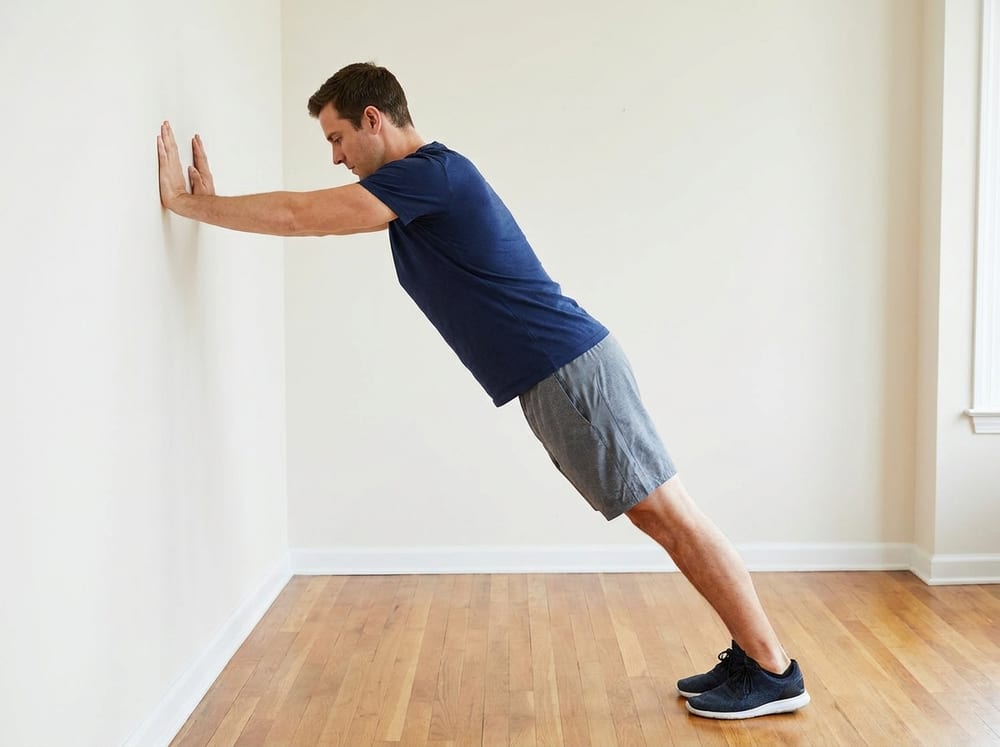 A man in a plain navy t-shirt and gray shorts leaning into a wall push-up in a bright living room, body in a straight rigid line from head to heels, elbows tucked at 45 degrees, chest lowered toward the white wall in controlled form.