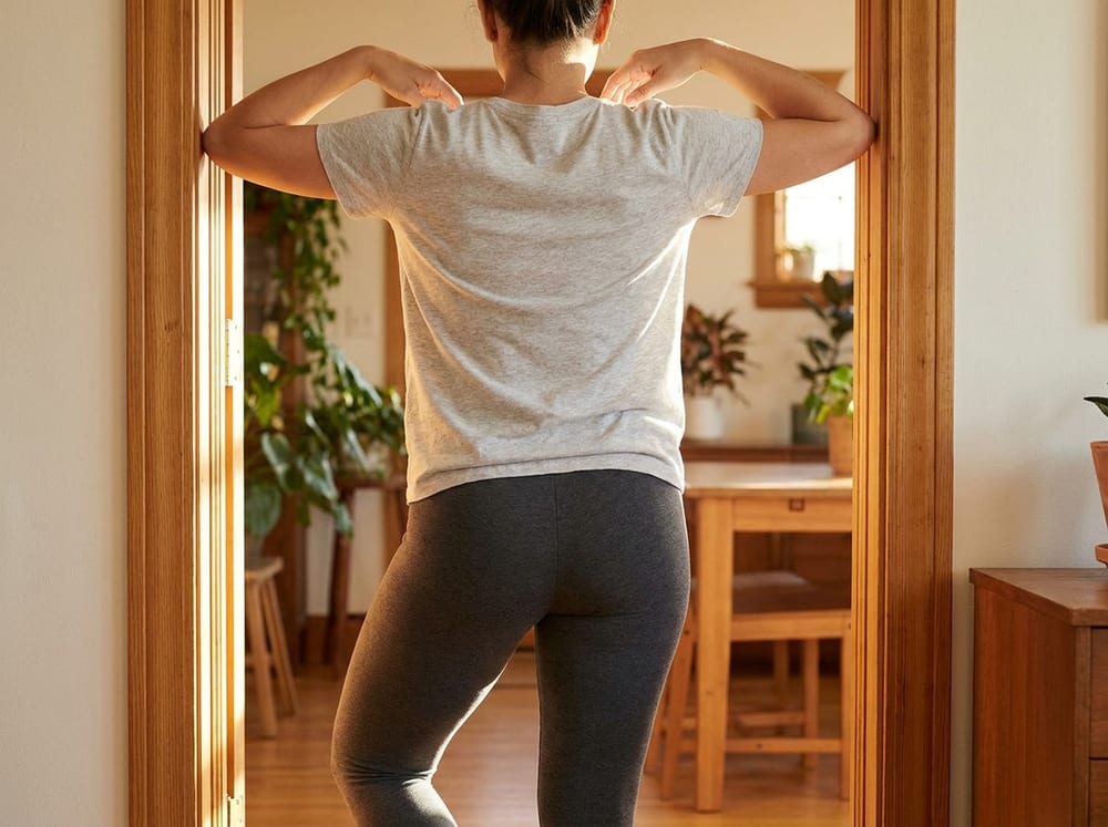 A person standing in a bright doorway of a home, wearing plain charcoal leggings and a light heather T-shirt, both forearms resting flat against the door frame at shoulder height with elbows bent, chest gently pressing forward in a staggered stance, posture tall with ribs down, warm natural daylight filling the hallway behind them.