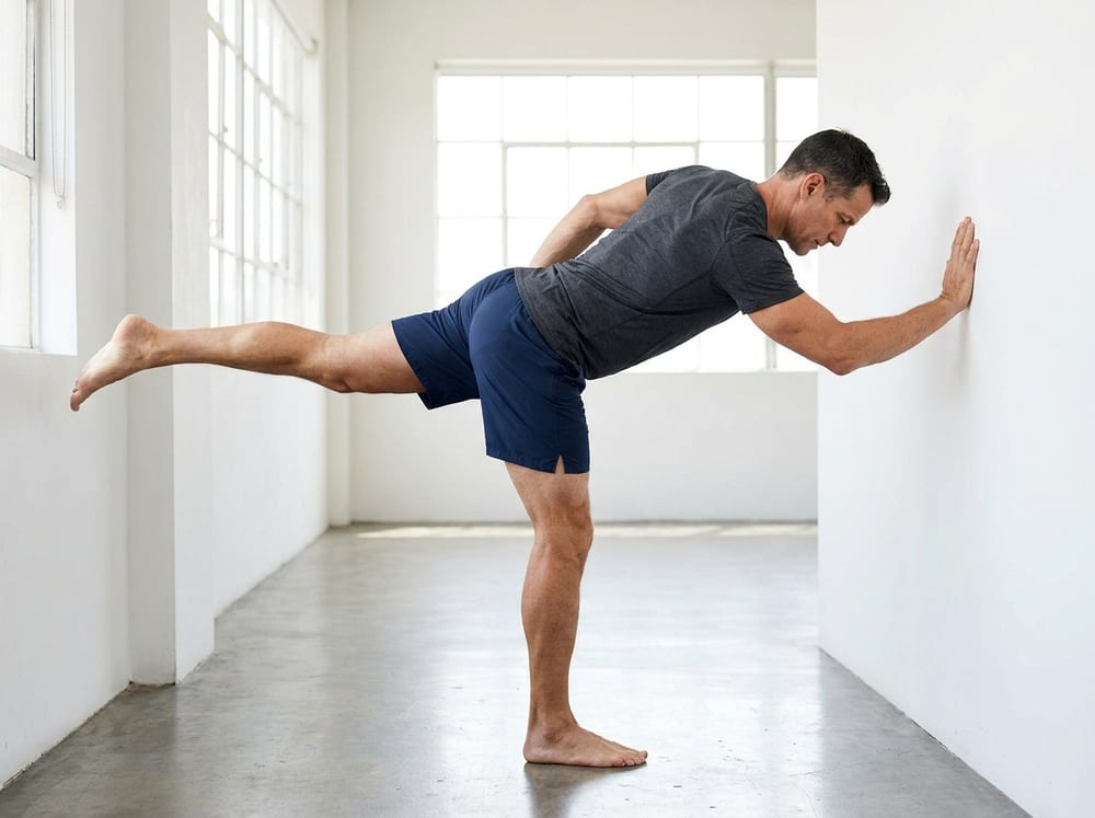 An athletic man in his forties in navy shorts and a fitted gray shirt balances on one slightly bent leg in a bright open room, torso hinged forward and the opposite leg extended straight behind him in a level line, one hand steadying against a plain white wall as he rotates his pelvis open with focused control.