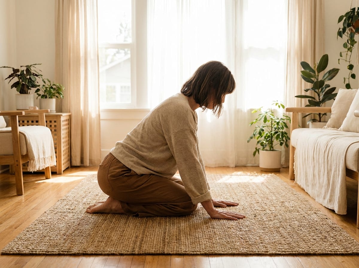 A warm, photorealistic editorial photograph in soft natural light with a warm ivory and espresso palette, 4:3 framing, no text or words anywhere: a person in their forties kneeling on a mat with palms flat on the floor and fingers turned back toward the knees, gently rocking weight over the hands, photographed from the side in a bright calm room.