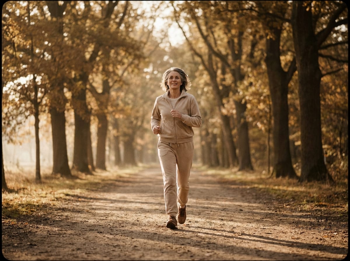 A warm, photorealistic editorial photograph in soft natural light with a warm ivory and espresso palette, 4:3 framing, no text or words anywhere: a person in their fifties in neutral athletic clothing walking briskly along a tree-lined path in bright morning light, upright posture and relaxed arms, photographed from the side at a respectful distance.