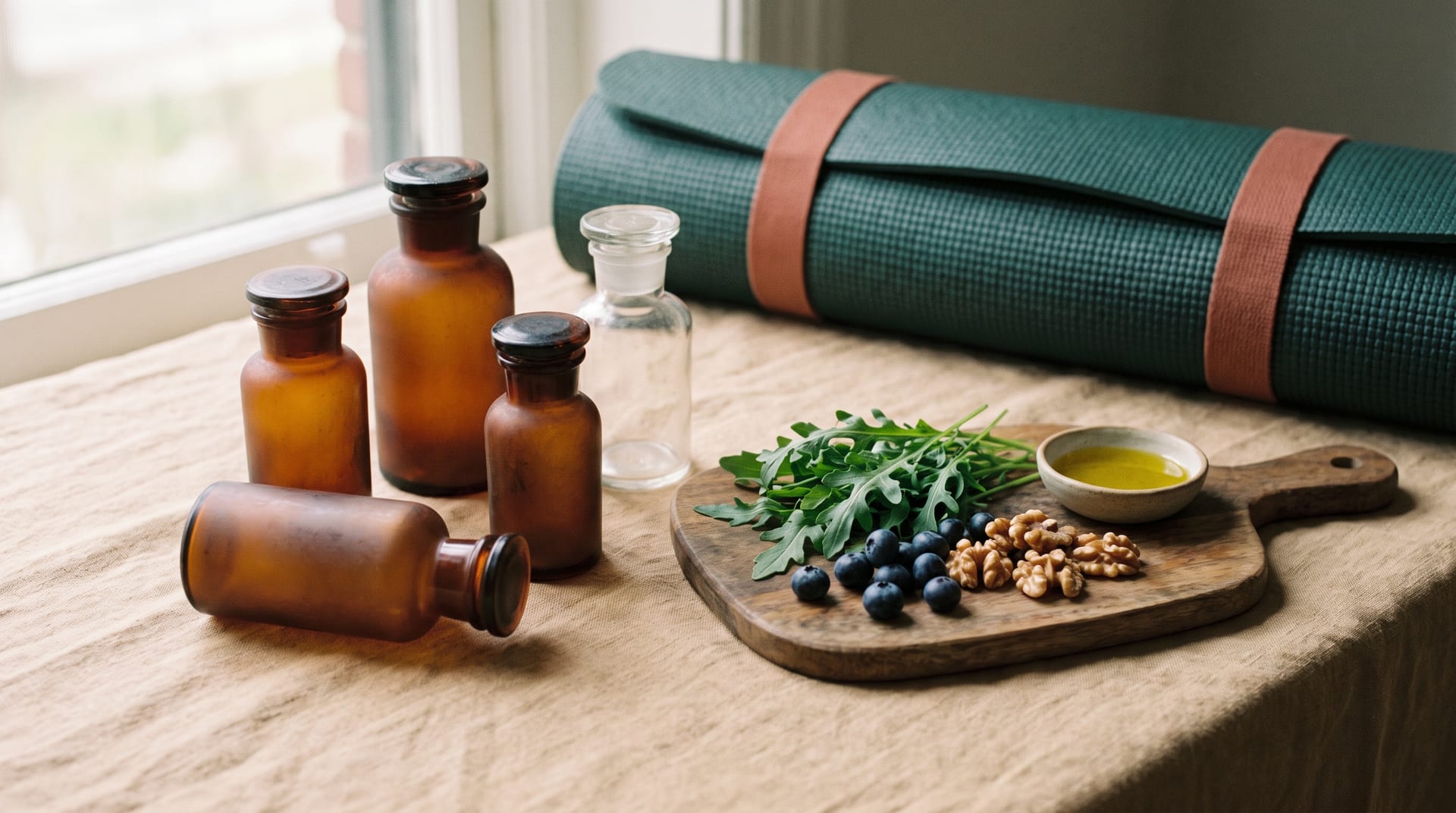 A calm still life of research vials, fresh produce, and reference notes in warm editorial light