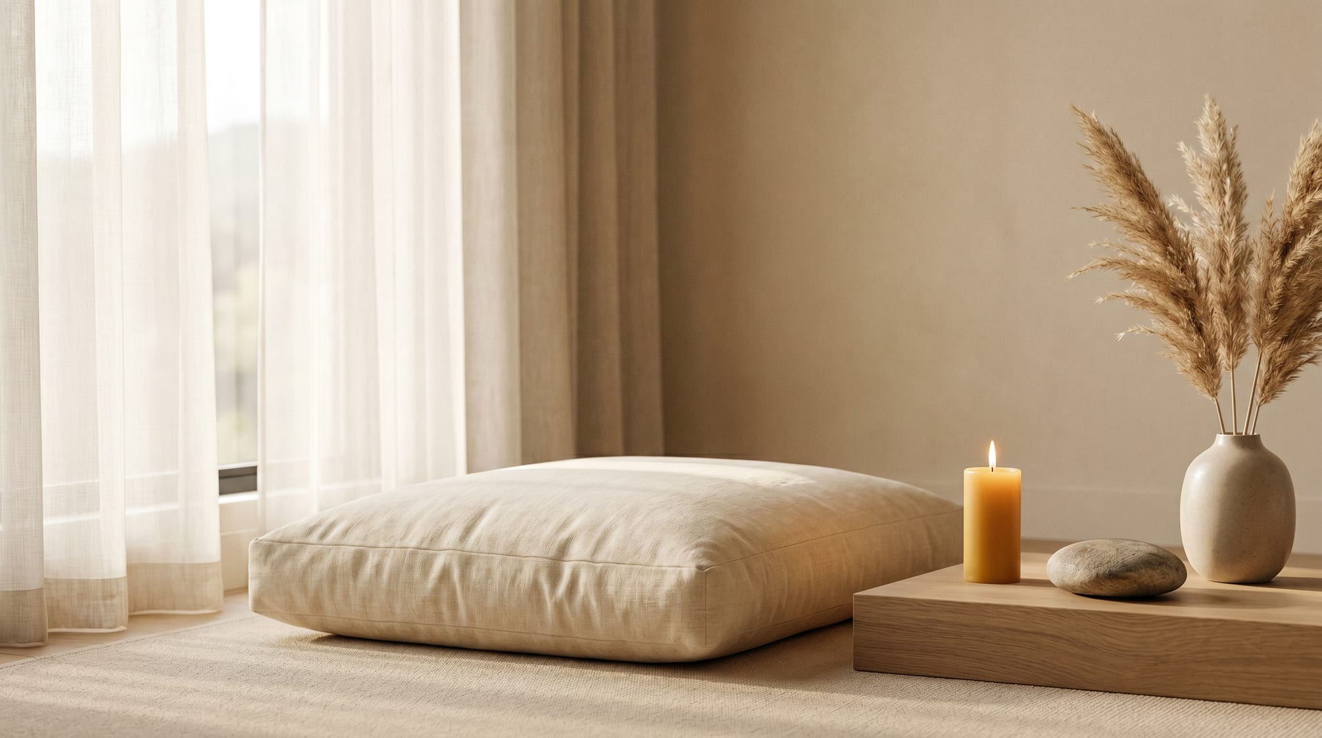 A serene, minimal space with soft natural light and a floor cushion