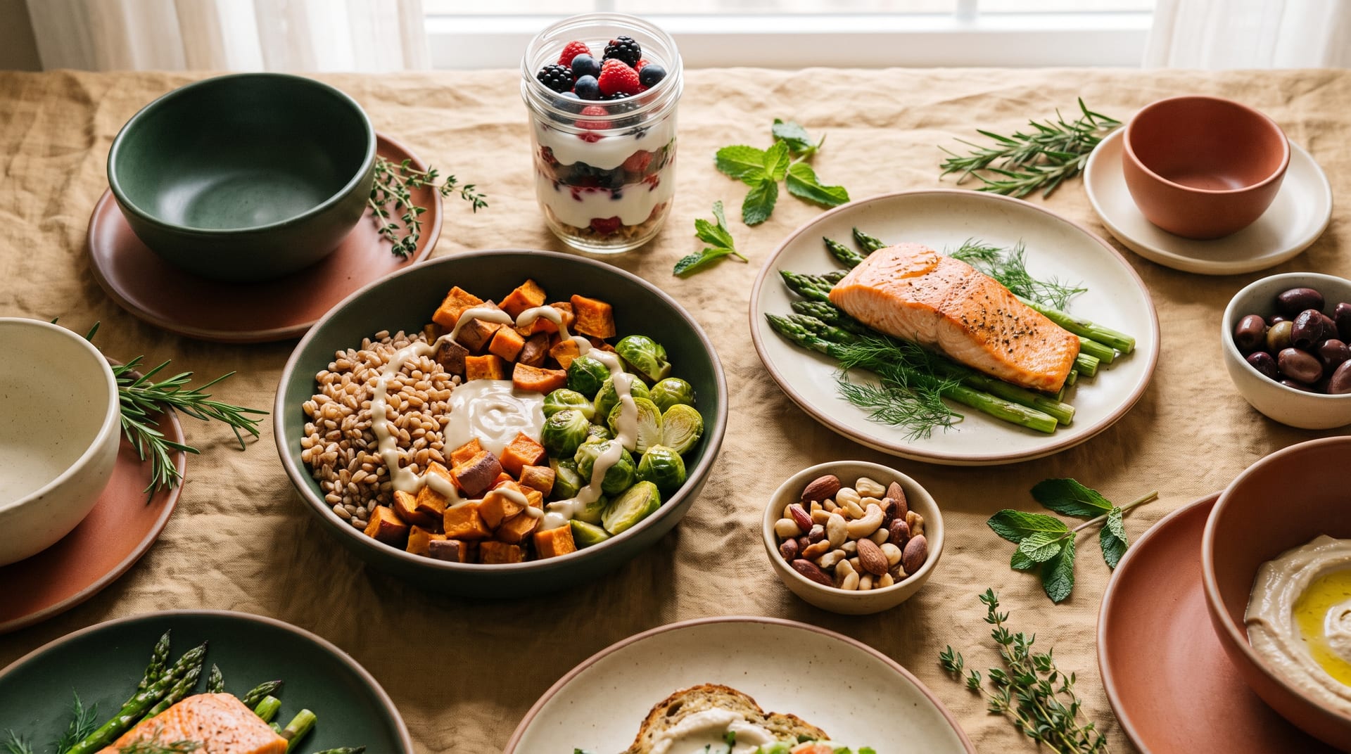 Overhead spread of colorful whole-food dishes on a warm linen surface