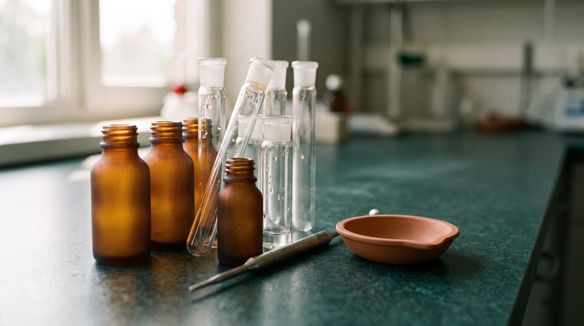 Laboratory research vials and a pipette on a dark surface in soft light