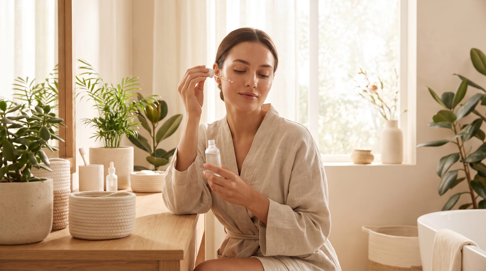 An elegant skincare still life of serums and creams in warm editorial light
