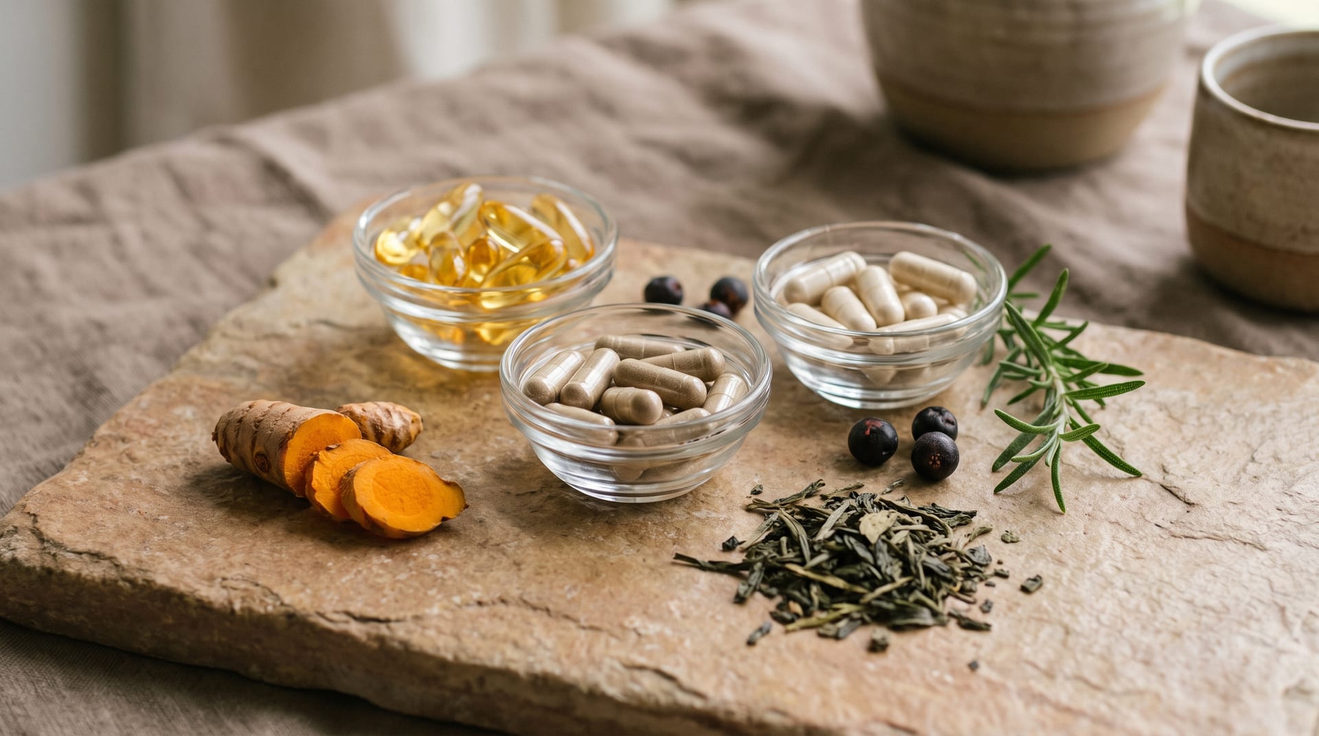 Capsules and botanicals arranged as a reference still life