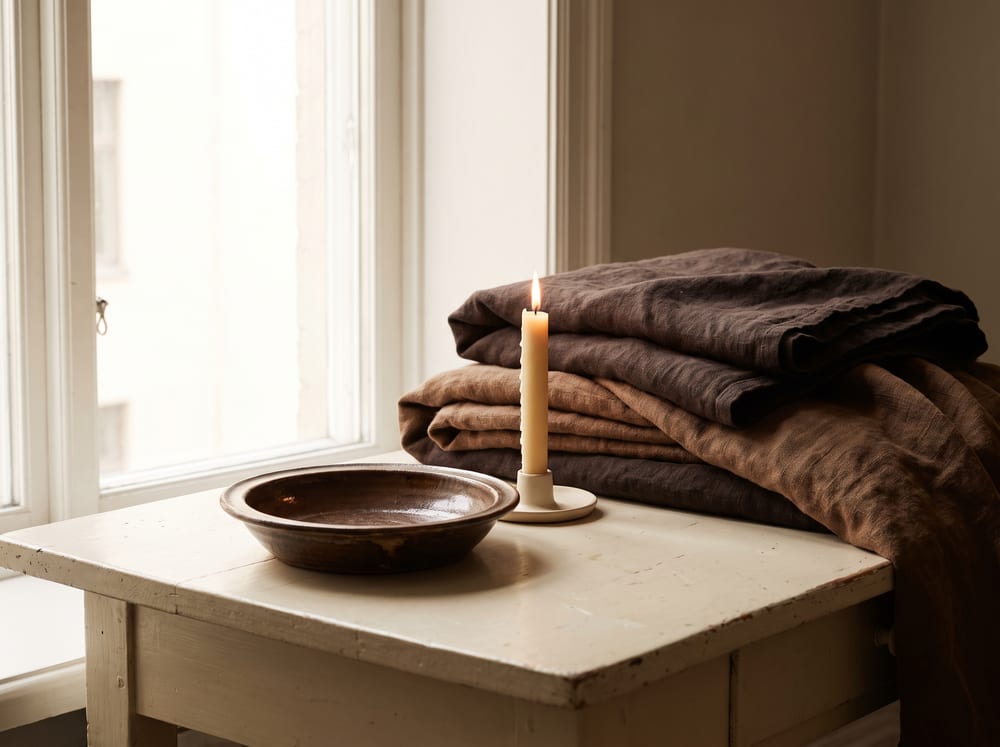 A warm, photorealistic still life in soft natural window light: a single lit candle beside a folded linen throw and a shallow ceramic bowl on a pale ivory surface, espresso and warm-brown tones, gentle shadows, calm and unhurried, 4:3 framing, no text, no words.