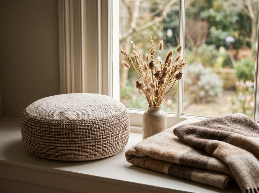 A calm still life of a woven meditation cushion by a window, a small vase of dried grasses and a folded wool blanket beside it, soft natural daylight, muted warm ivory and espresso tones, no text, no words, 4:3 framing.