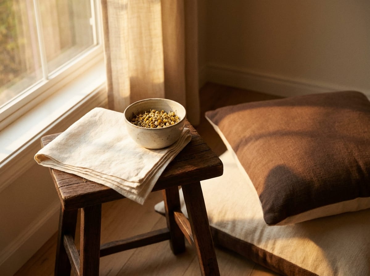 A folded ivory linen cloth and a small ceramic bowl of dried chamomile resting on a low wooden stool beside a floor cushion, soft warm afternoon light through a window, nobody in the room, warm ivory and espresso palette, 4:3, no text.