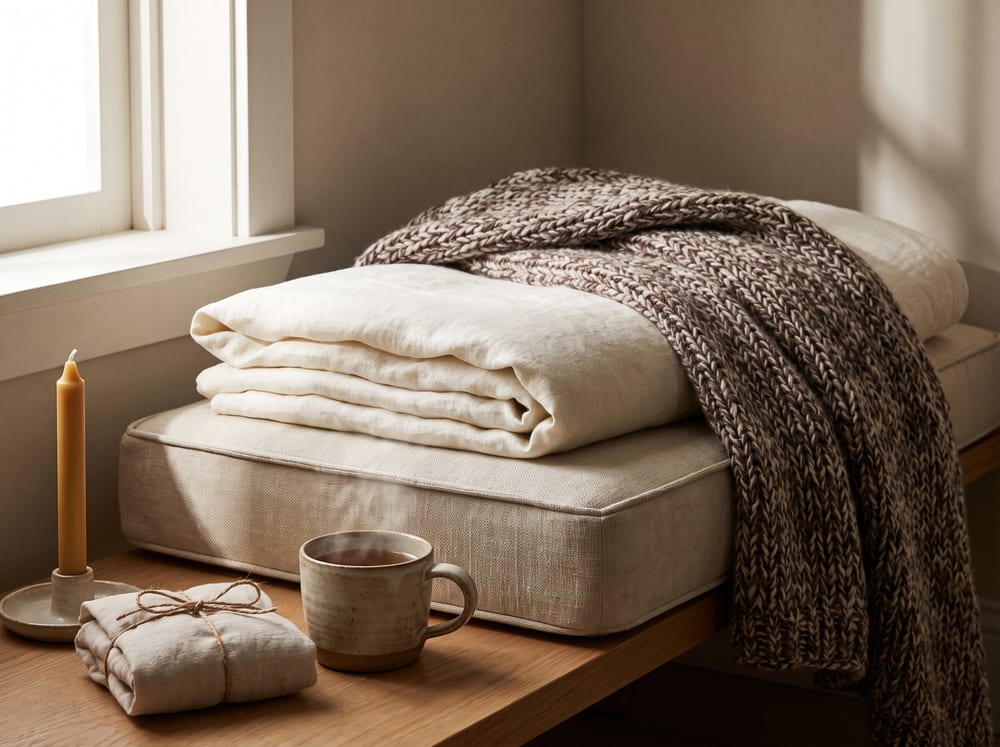 A warm, photorealistic editorial still life in soft natural window light: a folded ivory linen throw and a knitted blanket draped over a low cushion, a ceramic mug of tea steaming beside a wrapped warm compress and a single unlit beeswax candle, warm ivory and espresso palette with gentle shadows, 4:3 framing, no text, no words.