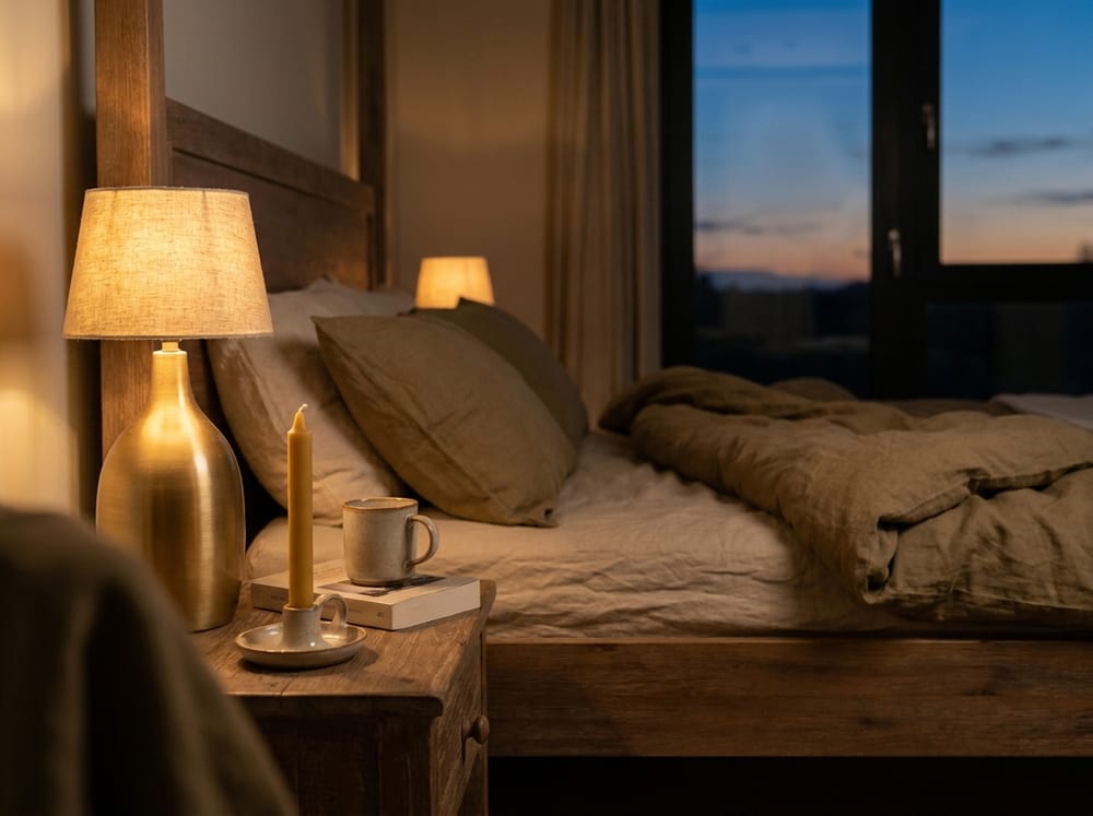 A softly lit bedroom at dusk, warm amber lamp glow on rumpled linen sheets, a single unlit candle on a wooden nightstand, muted earthy palette, calm and quiet, no text.