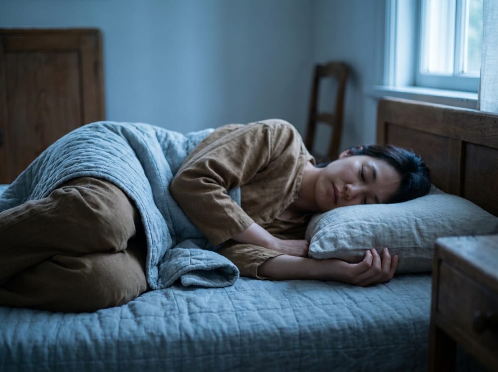 A calm person resting on their side in soft moonlit blue-grey light, hand relaxed near the face, plain linen pillow, tranquil muted palette, serene and still, no text.
