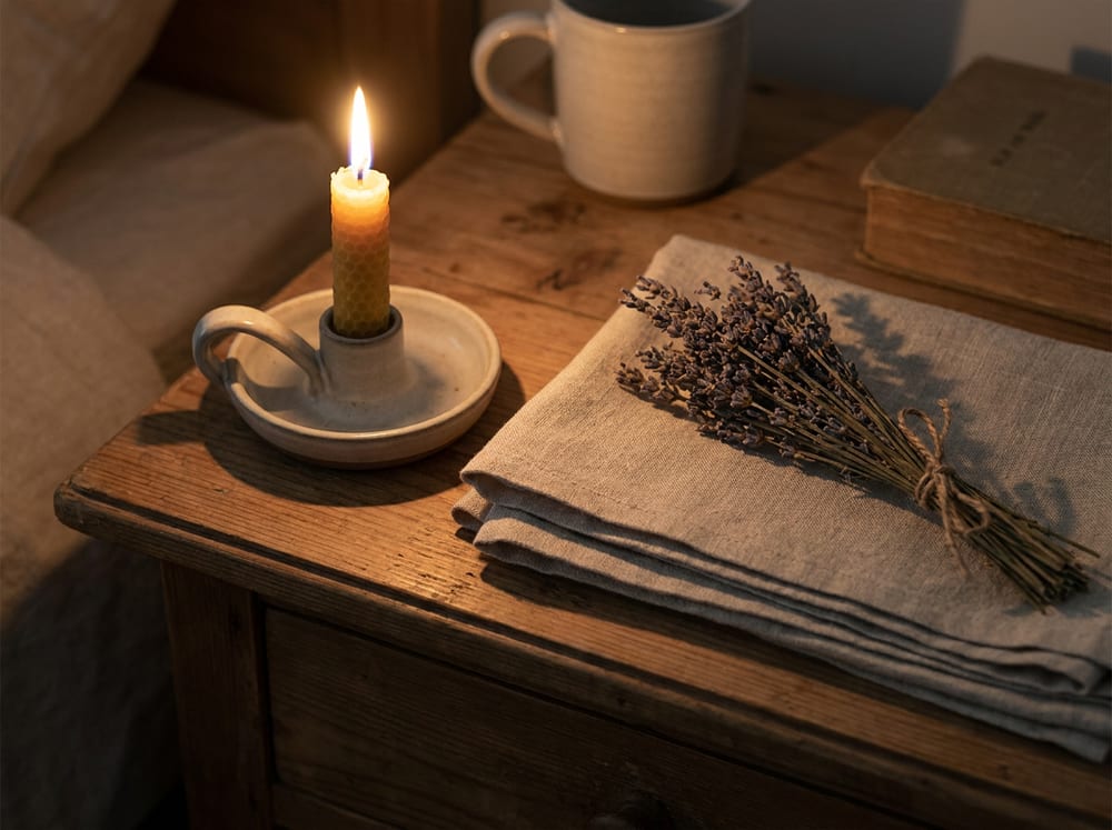 A tranquil still life on a bedside table at night, a low warm candle beside folded linen and a sprig of dried lavender, gentle shadows, muted warm palette, serene, no text.