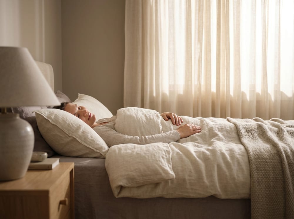 A person lying peacefully on their back under a soft cream duvet, one hand resting on the belly, warm low light through sheer curtains, muted neutral palette, restful and quiet, no text.